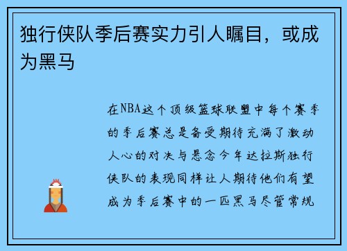 独行侠队季后赛实力引人瞩目，或成为黑马